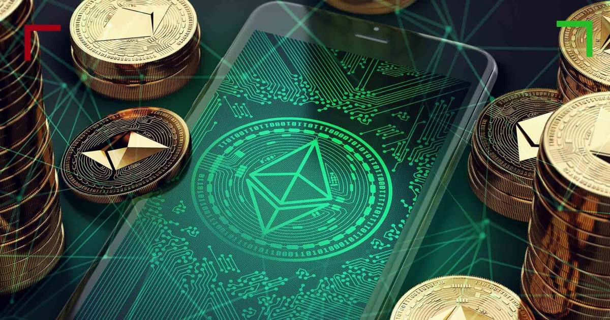 Green cell phone screen with gold coins next to it. ECN Broker - Cryptos & Forex | OspreyFx 